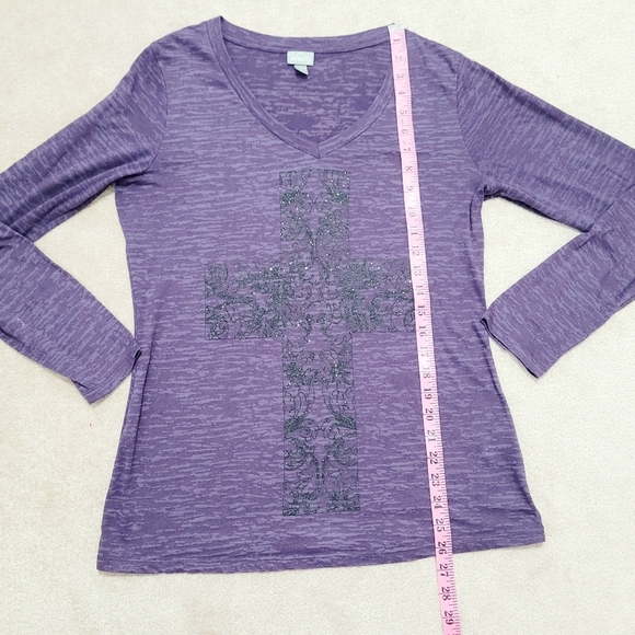 VANITY Women's Purple Burnout Long Sleeve Shirt Black Sparkle Cross Size L - Picture 6 of 9